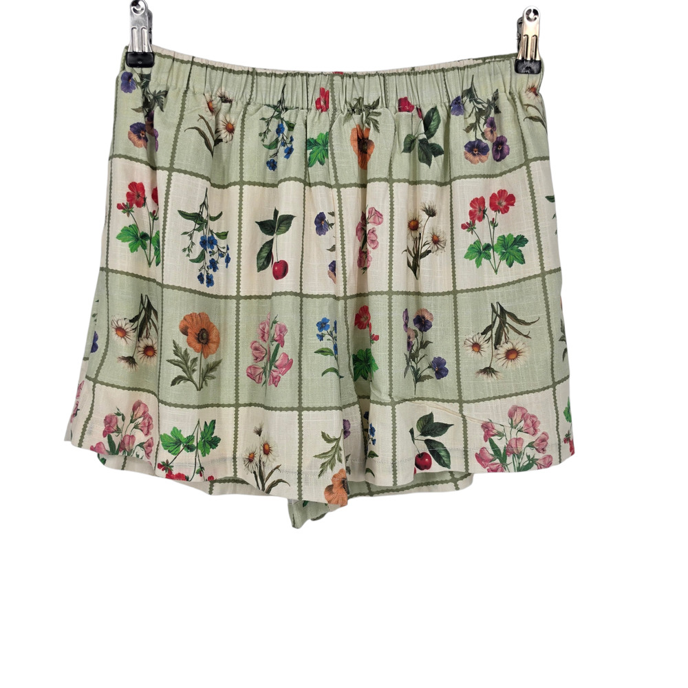 NWT Petal & Pup Green & Cream Flower Market Check Asta Linen Blend Shorts Size M